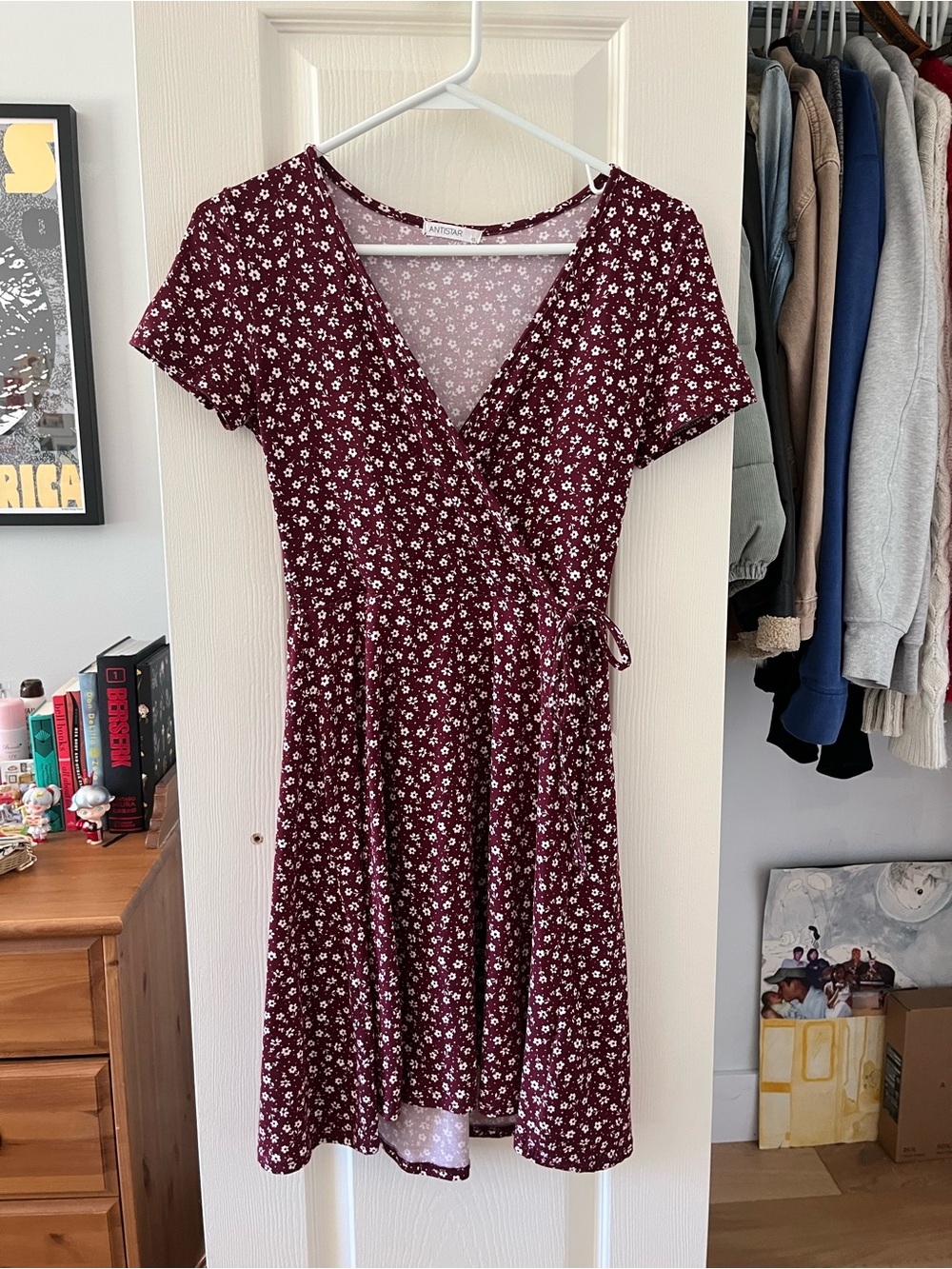 Women's Burgundy Floral Wrap Dress with Tie Waist